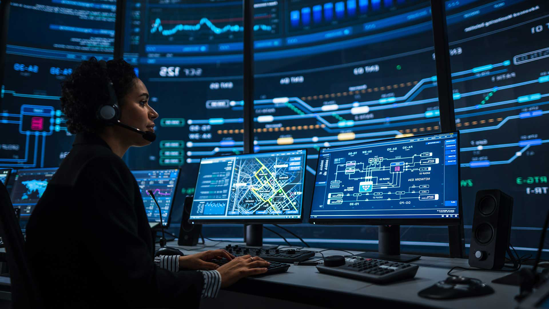 African American woman monitoring Network Operations Center Screens with futuristic video wall